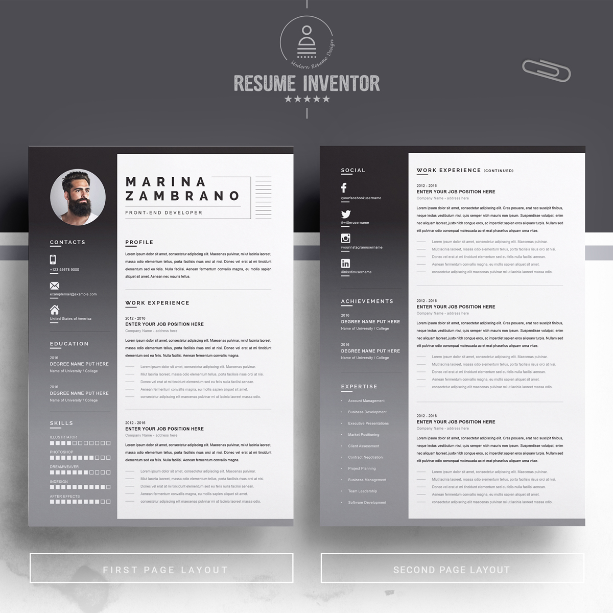 Download Резюме "Marina Resume Template" / Marina Resume Template - Резюме на тему графика 1 page resume 2 clean cv cover letter design template illustrator eps mac pages microsoft word modern photoshop psd professional