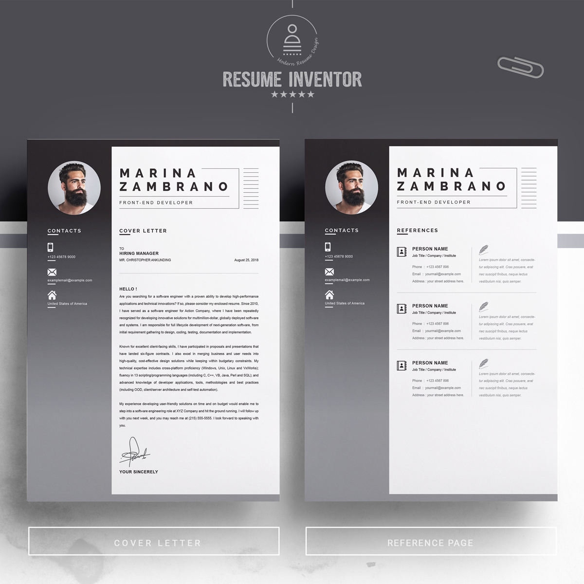 Download Резюме "Marina Resume Template" / Marina Resume Template - Резюме на тему графика 1 page resume 2 clean cv cover letter design template illustrator eps mac pages microsoft word modern photoshop psd professional