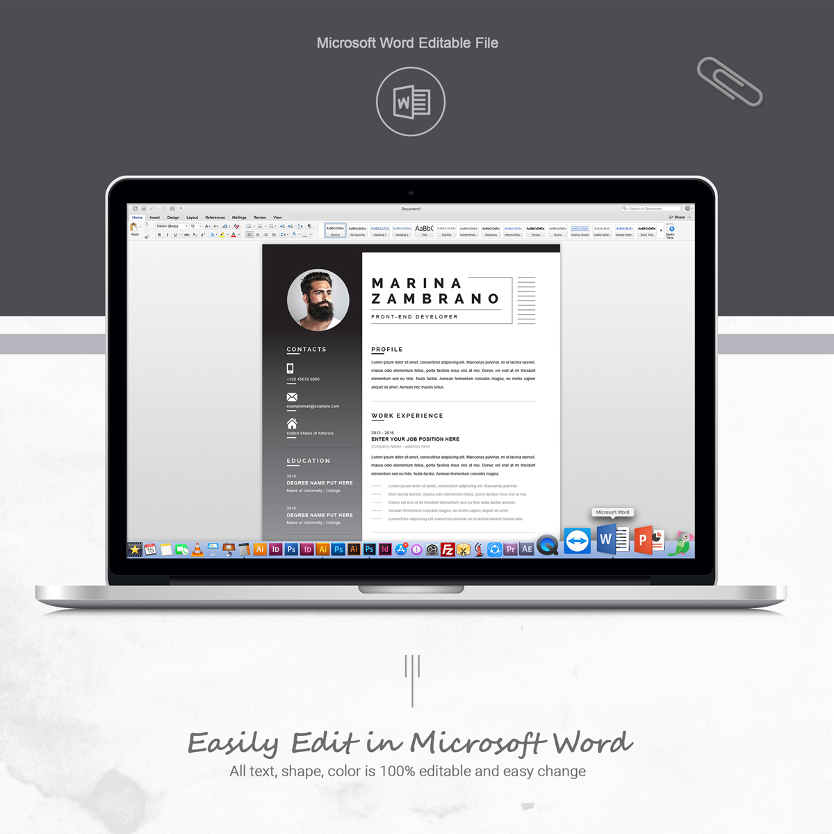Download Резюме "Marina Resume Template" / Marina Resume Template - Резюме на тему графика 1 page resume 2 clean cv cover letter design template illustrator eps mac pages microsoft word modern photoshop psd professional