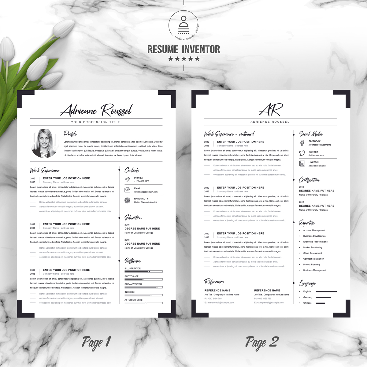 Download Резюме "Adrienne Resume Template" / Adrienne Resume Template - Резюме на тему графика 1 page resume 2 clean cv cover letter design template illustrator eps mac pages microsoft word modern photoshop psd professional