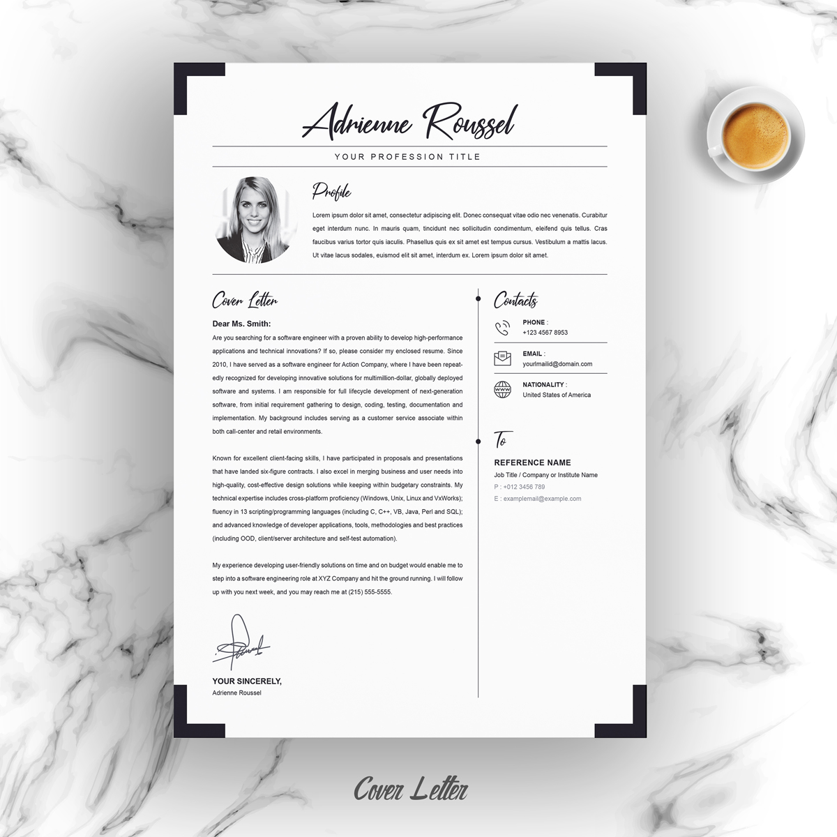 Download Резюме "Adrienne Resume Template" / Adrienne Resume Template - Резюме на тему графика 1 page resume 2 clean cv cover letter design template illustrator eps mac pages microsoft word modern photoshop psd professional