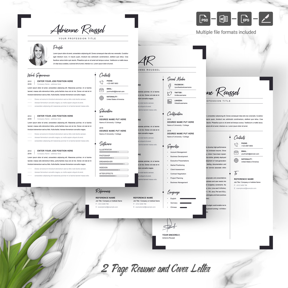 Download Резюме "Adrienne Resume Template" / Adrienne Resume Template - Резюме на тему графика 1 page resume 2 clean cv cover letter design template illustrator eps mac pages microsoft word modern photoshop psd professional