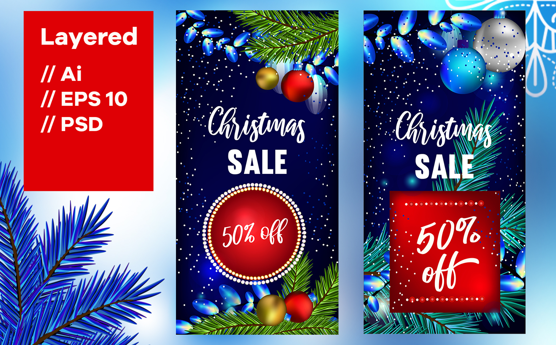 Download Фирменный стиль "Set of 6 web banners for christmas sale. - Corporate Identity Template" / Set of 6 web banners for christmas sale. - Corporate Identity Template - Фирменный стиль на тему графика banner christmas new year sale discounts blue pattern bright garlands balls snow