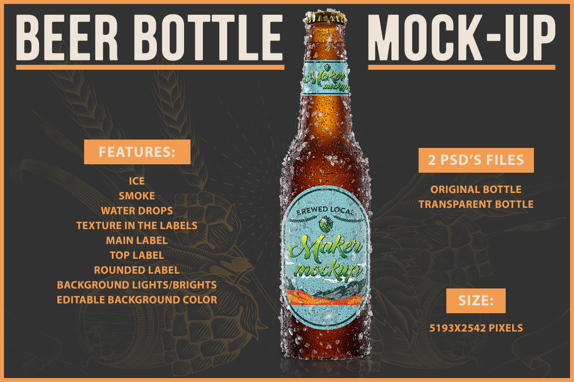 Download Мокап для продукта "Beer Bottle product mockup" / Beer Bottle product mockup - Мокап для продукта на тему графика beer bottle brown drink glass ale bar beverage mock-up label mockup template psd cerveja cerveza photoshop water drops alcohol lager