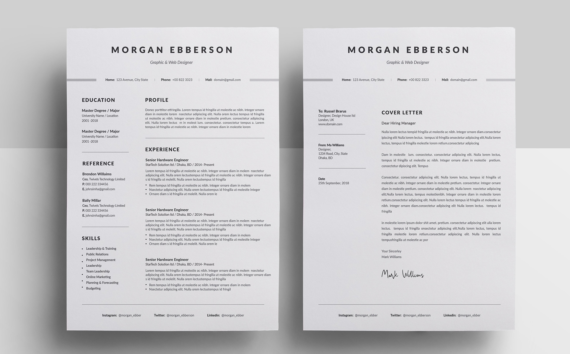Download Резюме "Morgan Ebberson Resume Template" / Morgan Ebberson Resume Template - Резюме на тему графика a4 black bright career clean cv resume cover letter creative curriculum vitae design docx editable elegant job light minimalist professional