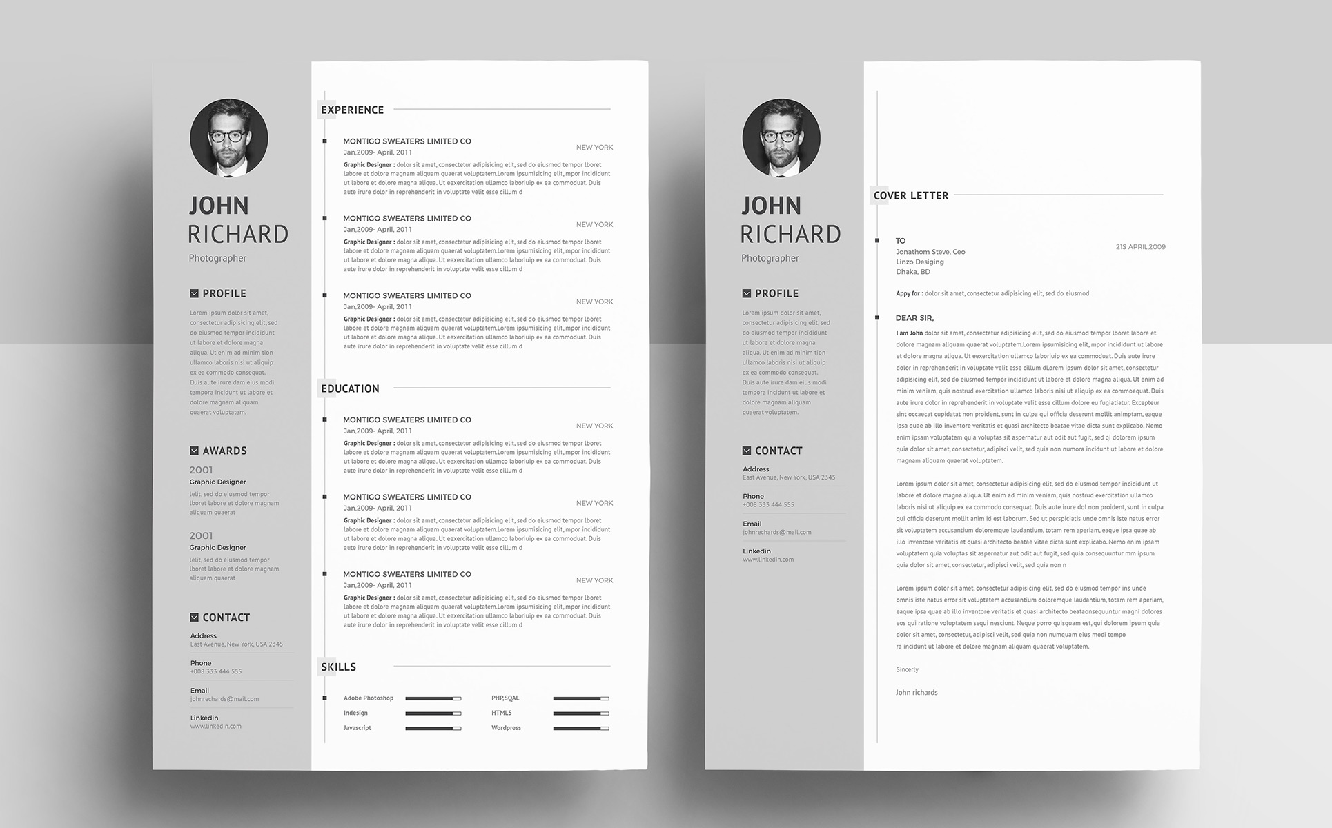 Download Резюме "John Richards Resume Template" / John Richards Resume Template - Резюме на тему графика a4 black bright career clean cv resume cover letter creative curriculum vitae design docx editable elegant job light minimalist professional