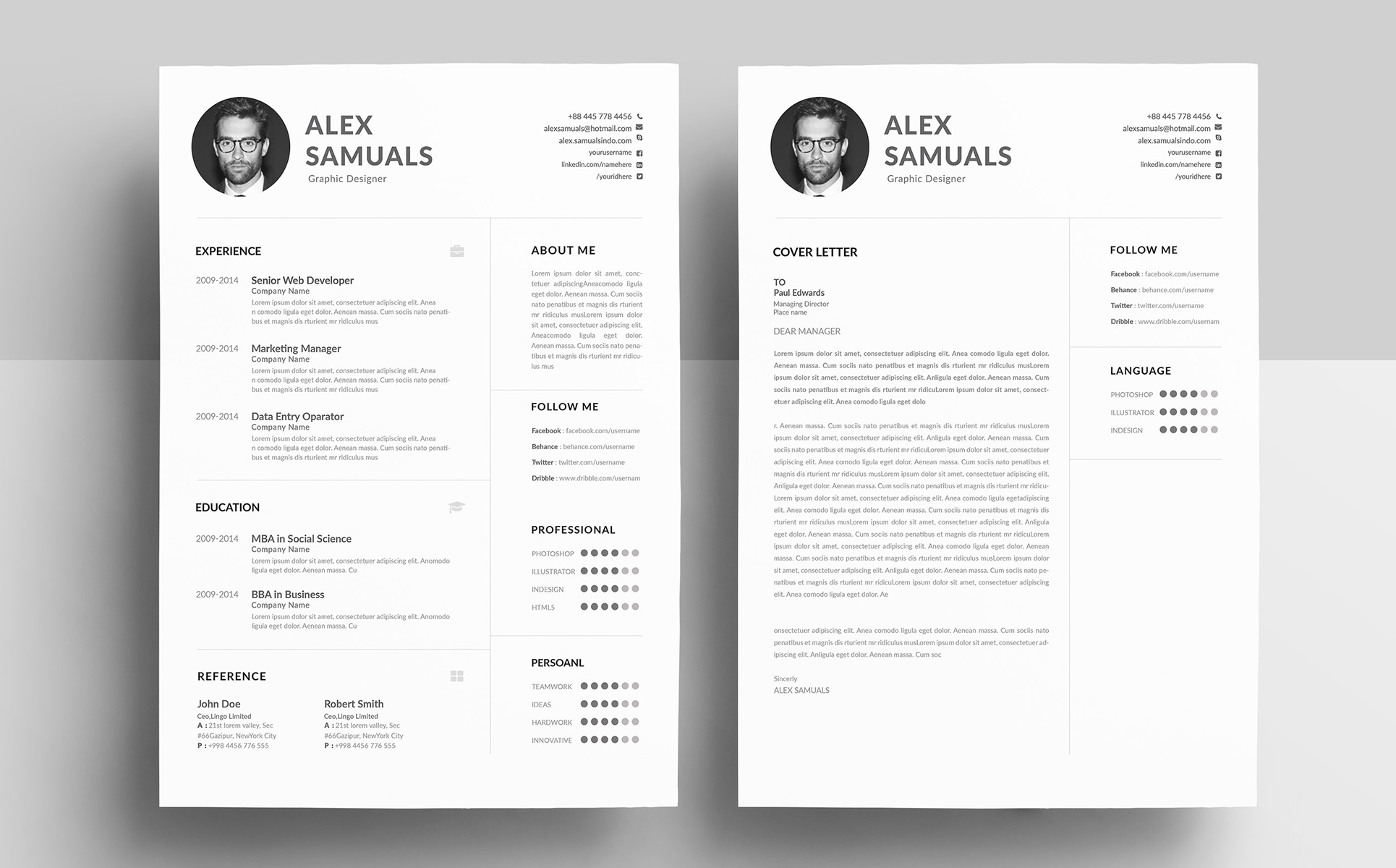 Download Резюме "Alex Samuels Resume Template" / Alex Samuels Resume Template - Резюме на тему графика a4 black bright career clean cv resume cover letter creative curriculum vitae design docx editable elegant job light minimalist professional