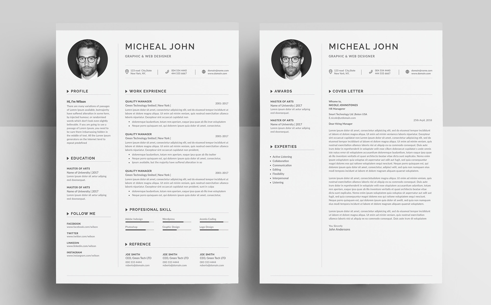 Download Резюме "Micheal John Resume Template" / Micheal John Resume Template - Резюме на тему графика a4 black bright career clean cv resume cover letter creative curriculum vitae design docx editable elegant job light minimalist professional