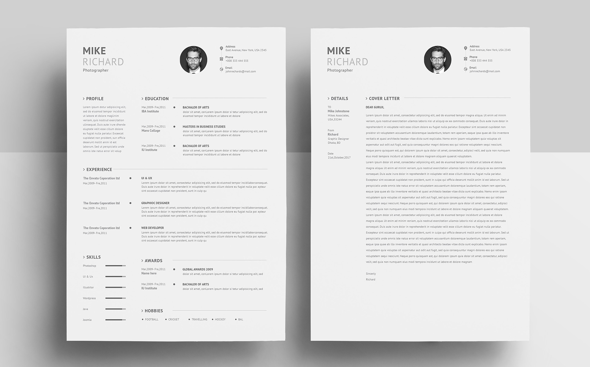 Download Резюме "Mike Richards Resume Template" / Mike Richards Resume Template - Резюме на тему графика a4 black bright career clean cv resume cover letter creative curriculum vitae design docx editable elegant job light minimalist professional