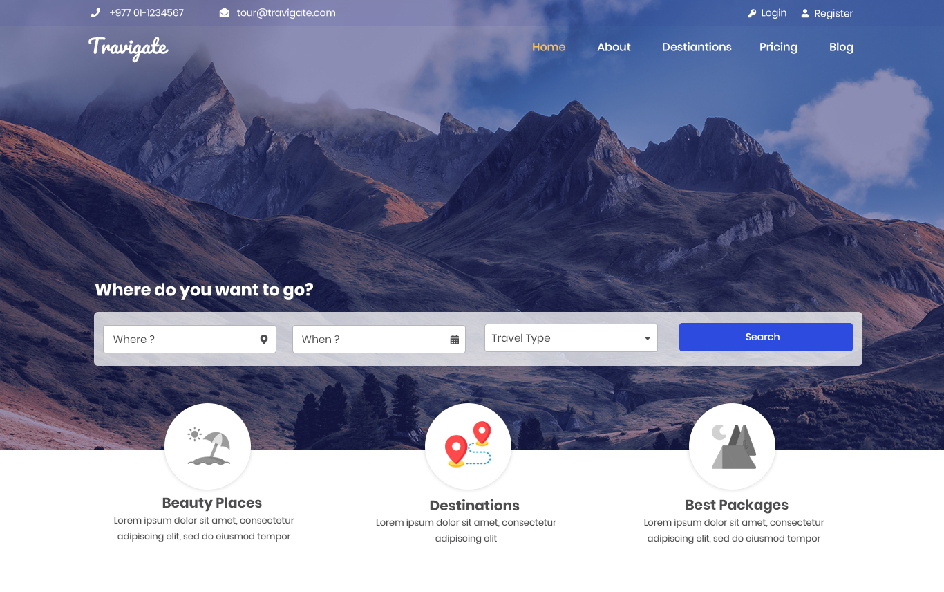 Download PSD шаблон "Travigate Travel & Tours Website PSD Template" / Travigate Travel & Tours Website PSD Template - Адаптивный PSD шаблон на тему графика psd tour travel tourism agency trip holiday