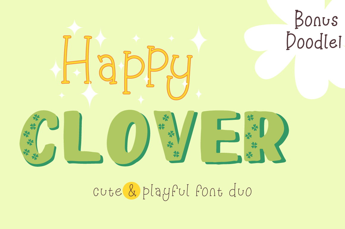 Download Шрифт "Happy Clover Duo + Doodles Font" / Happy Clover Duo + Doodles Font - Шрифт на тему графика slab serif doodle saint patrick pattern display kid hand drawn handwriting capitals sans bold thick clover font craft duo dingbats
