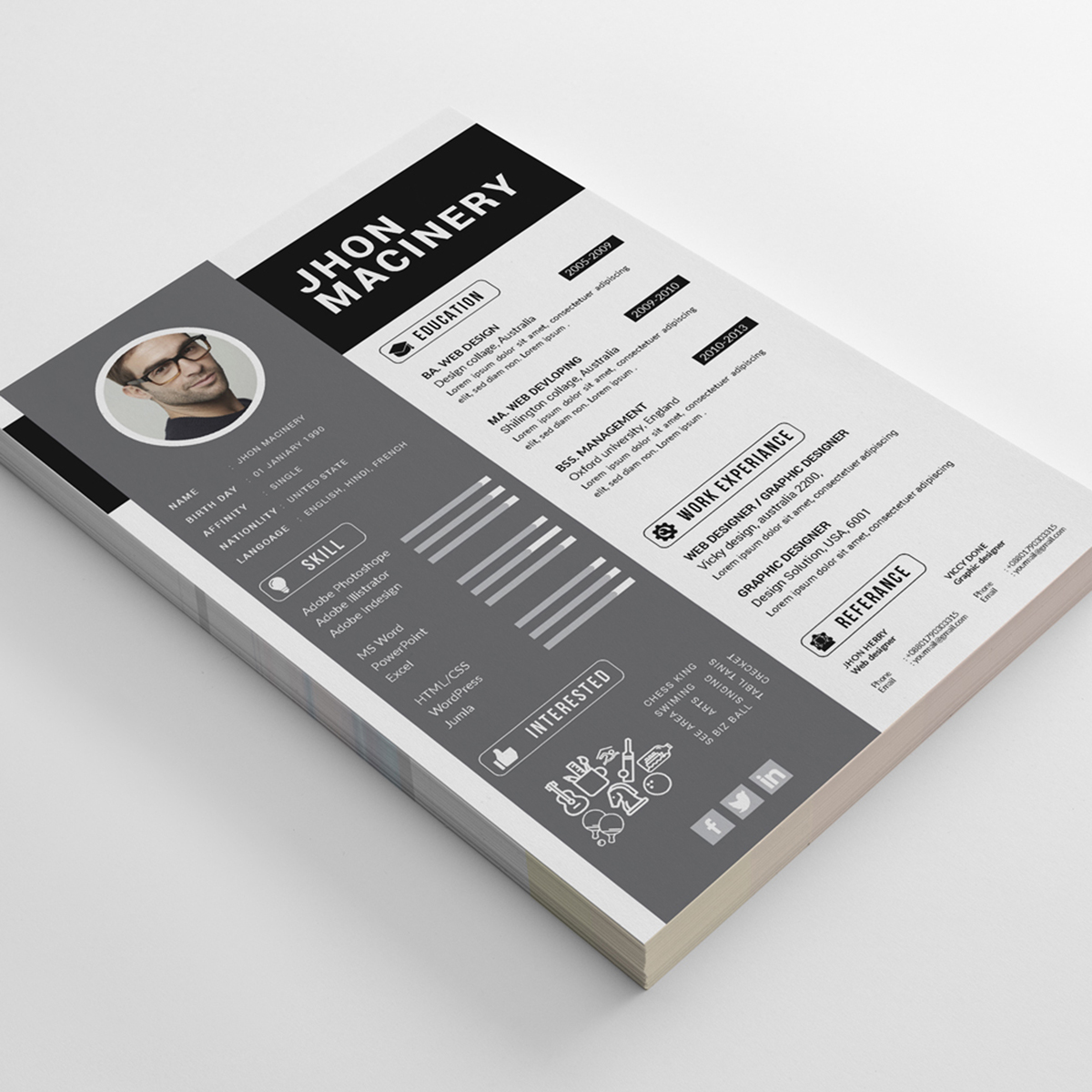 Download Резюме "Jhon Master Resume Template" / Jhon Master Resume Template - Резюме на тему графика job resume simple cv the experience free corporate design template wor professional indesign