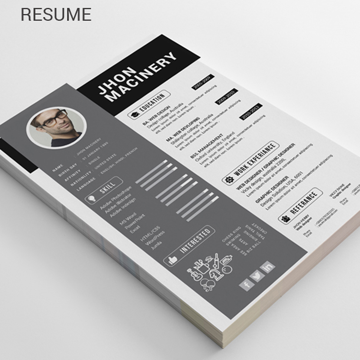 Download Резюме "Jhon Master Resume Template" / Jhon Master Resume Template - Резюме на тему графика job resume simple cv the experience free corporate design template wor professional indesign