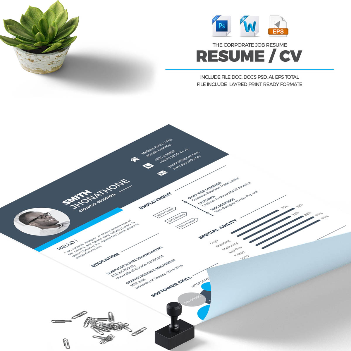 Download Резюме "Smith Resume Template" / Smith Resume Template - Резюме на тему графика 1 page resume 2 clean cv cover letter design template illustrator eps mac pages microsoft word modern photoshop psd professional