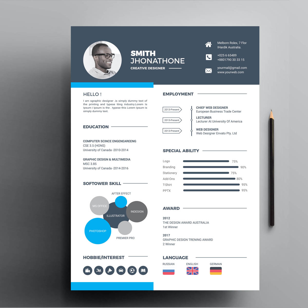Download Резюме "Smith Resume Template" / Smith Resume Template - Резюме на тему графика 1 page resume 2 clean cv cover letter design template illustrator eps mac pages microsoft word modern photoshop psd professional