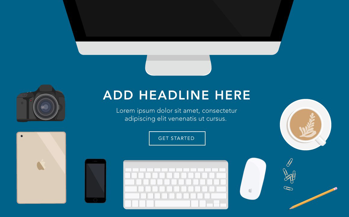 Download Иллюстрация "Flat Desk Scene Creator - Illustration" / Flat Desk Scene Creator - Illustration - Иллюстрация на тему декор scene creator desk home accessories computer laptop imac macbook iphone apple cookies snacks products designer website background illustration vector