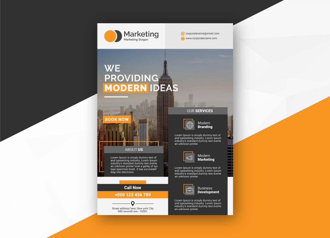 Download Фирменный стиль "Dark & Orange Line Shape Marketing Flyer - Corporate Identity Template" / Dark & Orange Line Shape Marketing Flyer - Corporate Identity Template - Фирменный стиль на тему графика advertisement advertising agency business flyer clean company corporate creative design handout leaflet magazine marketing modern multipurpose newspaper photoshop dark orange