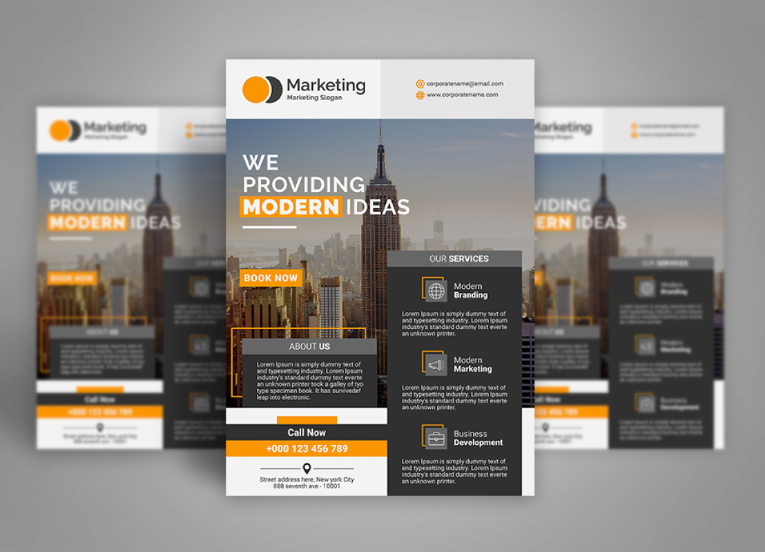 Download Фирменный стиль "Dark & Orange Line Shape Marketing Flyer - Corporate Identity Template" / Dark & Orange Line Shape Marketing Flyer - Corporate Identity Template - Фирменный стиль на тему графика advertisement advertising agency business flyer clean company corporate creative design handout leaflet magazine marketing modern multipurpose newspaper photoshop dark orange