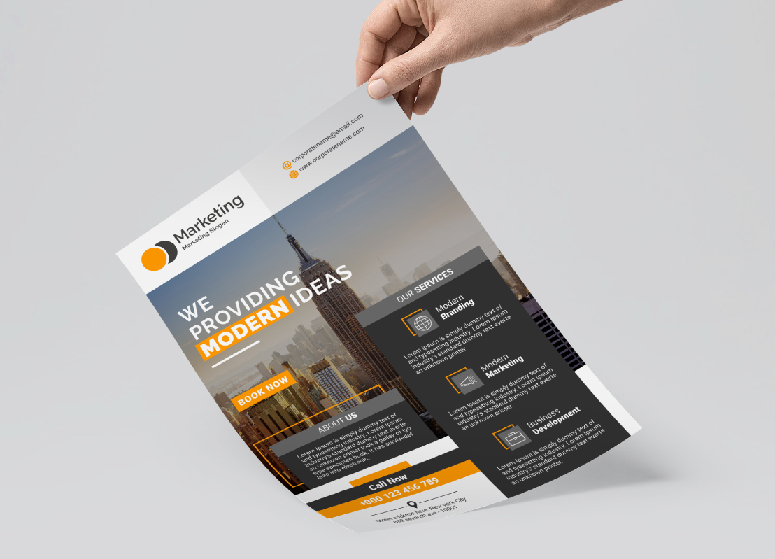Download Фирменный стиль "Dark & Orange Line Shape Marketing Flyer - Corporate Identity Template" / Dark & Orange Line Shape Marketing Flyer - Corporate Identity Template - Фирменный стиль на тему графика advertisement advertising agency business flyer clean company corporate creative design handout leaflet magazine marketing modern multipurpose newspaper photoshop dark orange