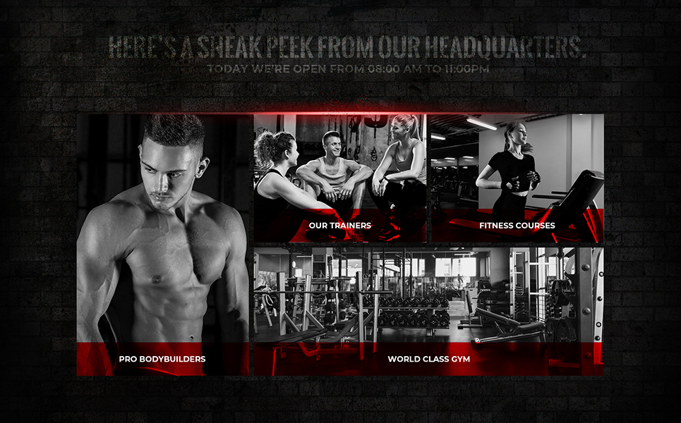 Download PSD шаблон "Gym, Sport & Fitness PSD Template" / Gym, Sport & Fitness PSD Template - PSD шаблон на тему фитнес training gym sport fitness trainer body building gymnastic aerobic dark theme red modern