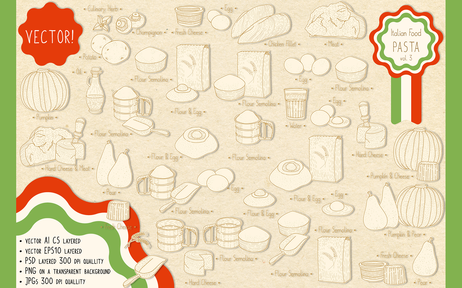 Download Иллюстрация "Italian Food. Pasta main ingredients & fillings. - Illustration" / Italian Food. Pasta main ingredients & fillings. - Illustration - Иллюстрация на тему графика pasta,egg,flour,olive,oil,water,meat,chicken,cheese,champignon,ravioli,pumpkini,pear,home-made,recipe,mold,guitar,rolling,pin,cooking