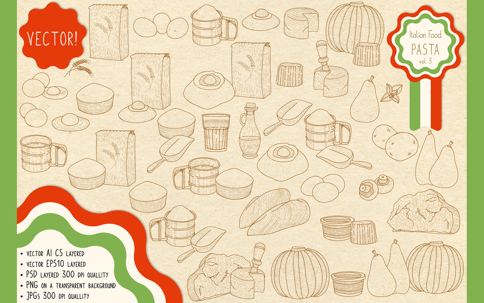 Download Иллюстрация "Italian Food. Pasta main ingredients & fillings. - Illustration" / Italian Food. Pasta main ingredients & fillings. - Illustration - Иллюстрация на тему графика pasta,egg,flour,olive,oil,water,meat,chicken,cheese,champignon,ravioli,pumpkini,pear,home-made,recipe,mold,guitar,rolling,pin,cooking