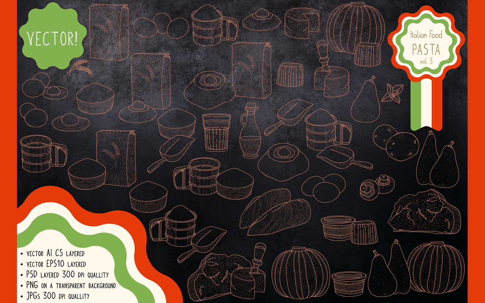 Download Иллюстрация "Italian Food. Pasta main ingredients & fillings. - Illustration" / Italian Food. Pasta main ingredients & fillings. - Illustration - Иллюстрация на тему графика pasta,egg,flour,olive,oil,water,meat,chicken,cheese,champignon,ravioli,pumpkini,pear,home-made,recipe,mold,guitar,rolling,pin,cooking