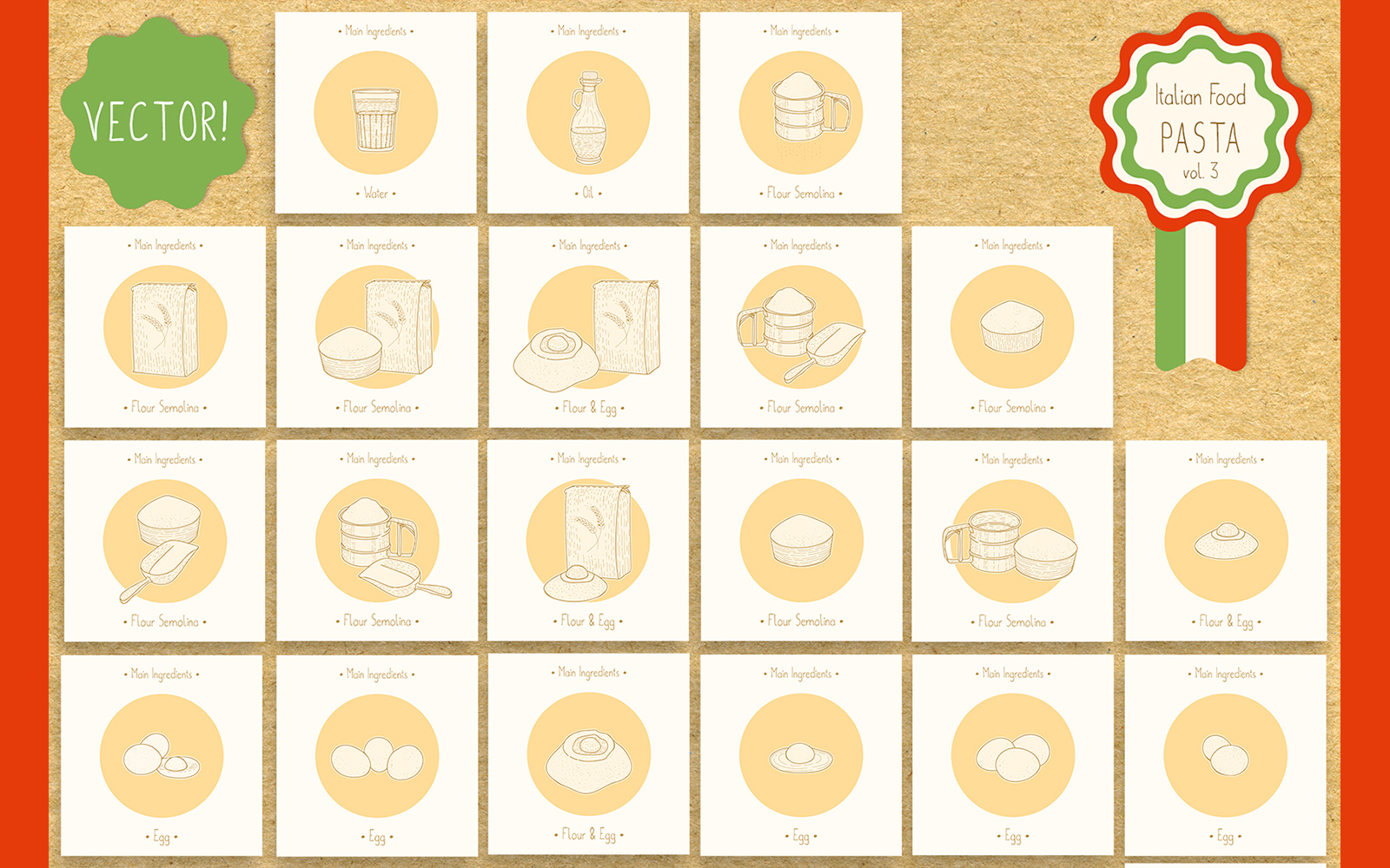 Download Иллюстрация "Italian Food. Pasta main ingredients & fillings. - Illustration" / Italian Food. Pasta main ingredients & fillings. - Illustration - Иллюстрация на тему графика pasta,egg,flour,olive,oil,water,meat,chicken,cheese,champignon,ravioli,pumpkini,pear,home-made,recipe,mold,guitar,rolling,pin,cooking