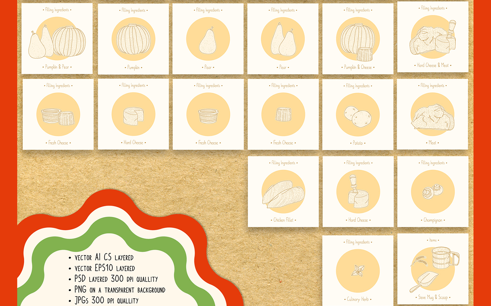 Download Иллюстрация "Italian Food. Pasta main ingredients & fillings. - Illustration" / Italian Food. Pasta main ingredients & fillings. - Illustration - Иллюстрация на тему графика pasta,egg,flour,olive,oil,water,meat,chicken,cheese,champignon,ravioli,pumpkini,pear,home-made,recipe,mold,guitar,rolling,pin,cooking