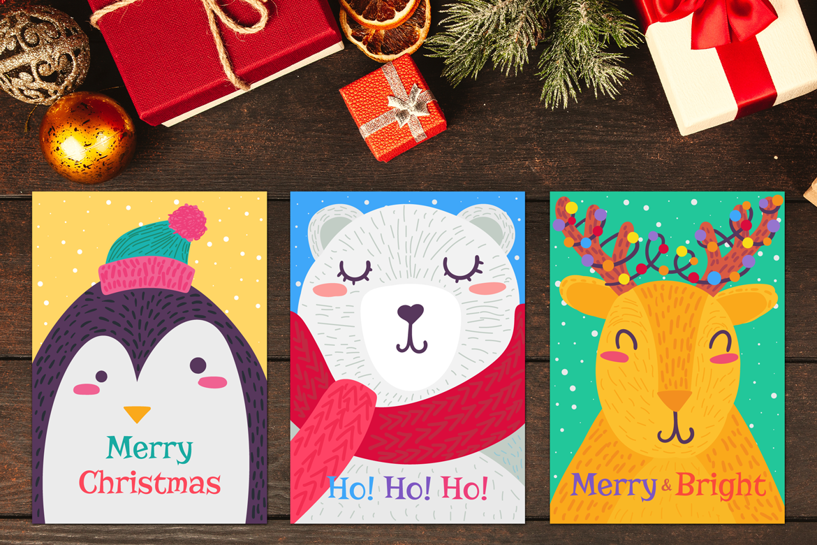 Download Иллюстрация "Christmas Greeting Cards With Animals Set - Illustration" / Christmas Greeting Cards With Animals Set - Illustration - Иллюстрация на тему графика set collection christmas merry xmas happy new year animal character cartoon bear deer penguin handdrawn template banner print illustration celebration