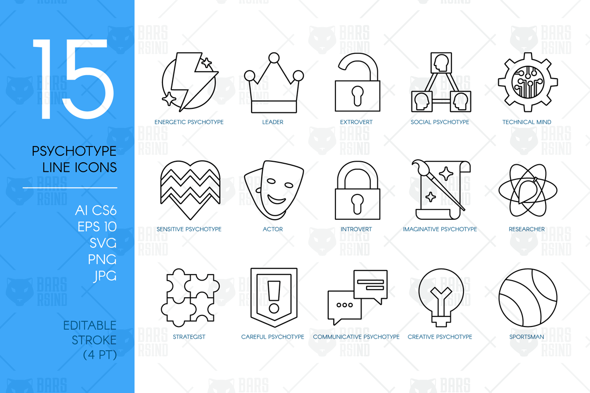 Download Набор иконок "Personality Psychotypes Line Icons Set" / Personality Psychotypes Line Icons Set - Набор иконок на тему графика psychology feeling thinking skill mind cognitive archetype behavior perception mental think person personal experience activity monochrome line outline icons icon