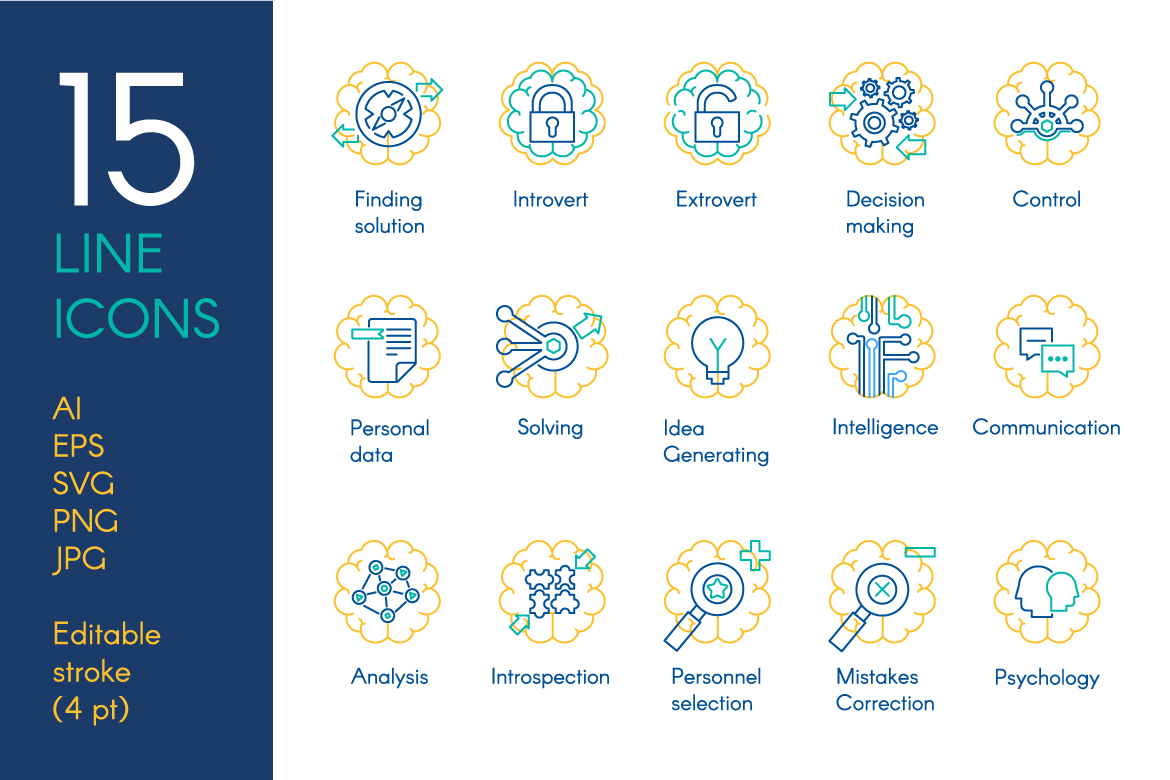 Download Набор иконок "Brain Activity Icon Set" / Brain Activity Icon Set - Набор иконок на тему графика cerebrum cerebral brain head mind process cognitive brain mental psychology skill people perception business strategy idea set thin line icon