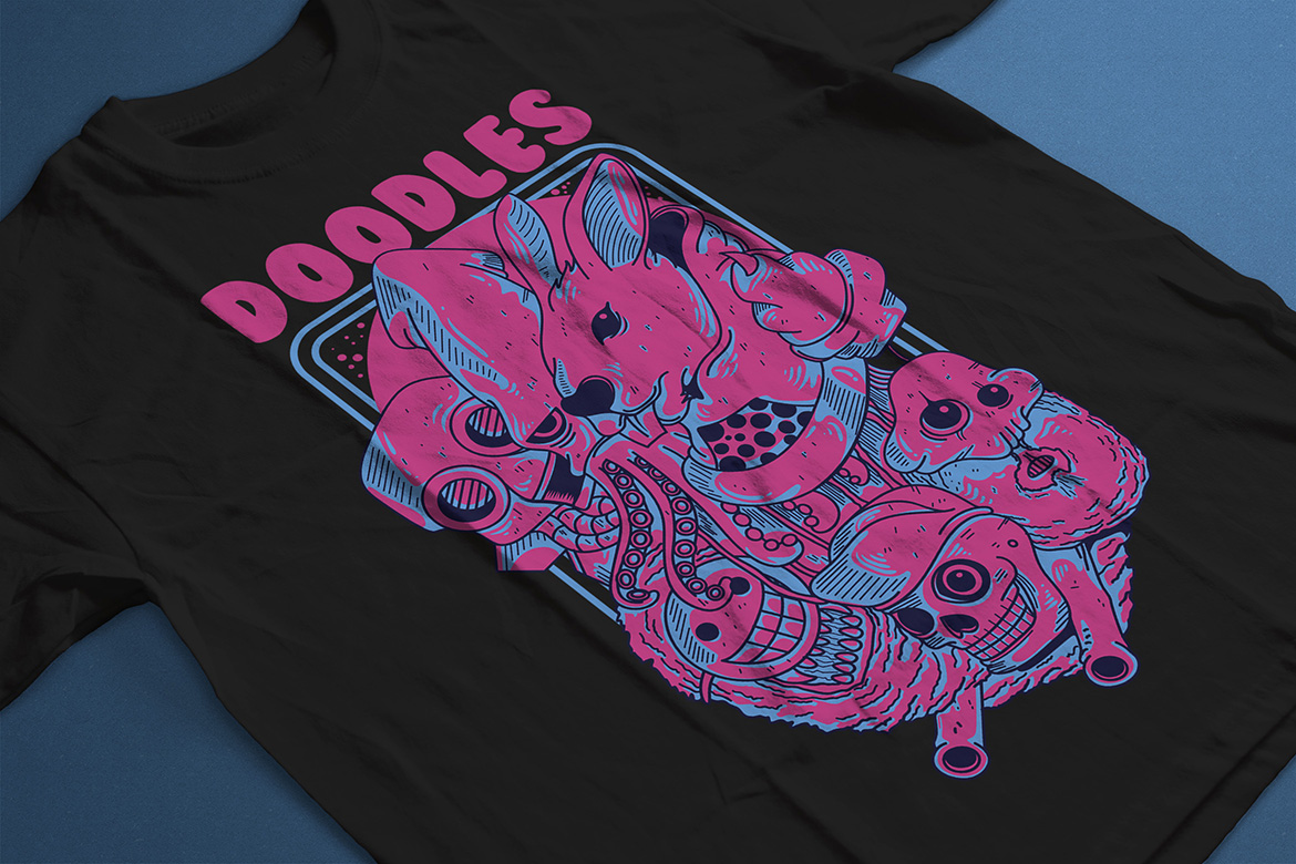 Download T-shirt Design "Doodles - T-shirt Design" / Doodles - T-shirt Design - T-shirt Design на тему графика illustration t-shirt design artwork apparel merch cartoon events fashion doodle animal cute pattern blue pink synthwave funny