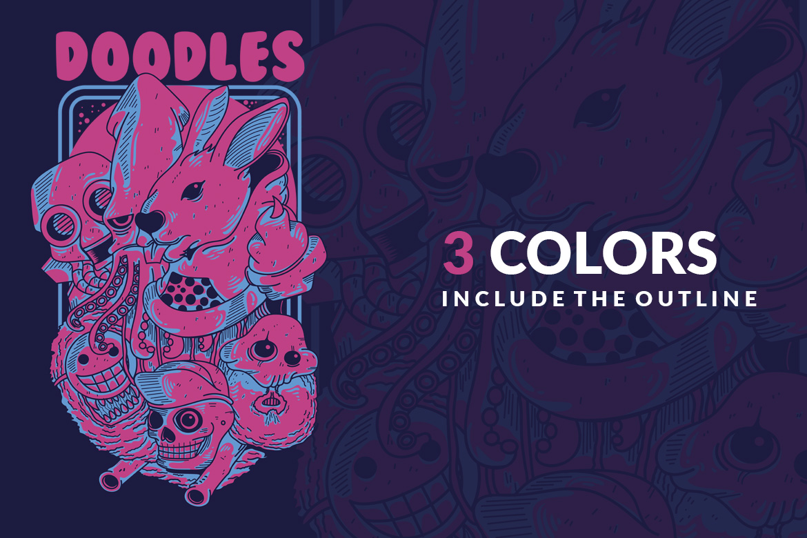Download T-shirt Design "Doodles - T-shirt Design" / Doodles - T-shirt Design - T-shirt Design на тему графика illustration t-shirt design artwork apparel merch cartoon events fashion doodle animal cute pattern blue pink synthwave funny