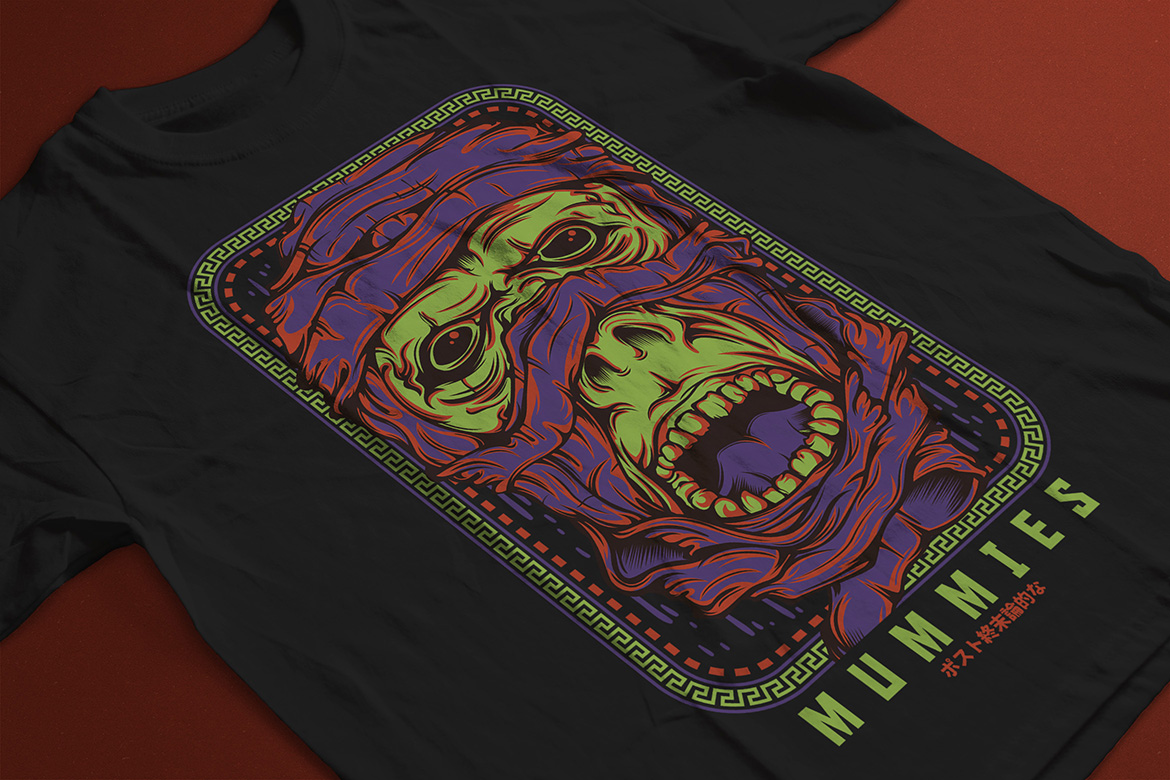 Download T-shirt Design "Mummies - T-shirt Design" / Mummies - T-shirt Design - T-shirt Design на тему графика illustration t-shirt design artwork apparel merch cartoon events fashion dark dope monster creepy mummy green horror oriental japanese