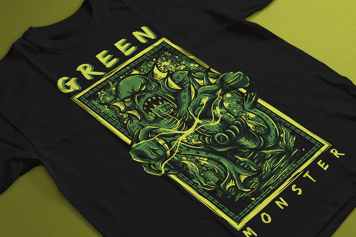 Download T-shirt Design "Green Monster - T-shirt Design" / Green Monster - T-shirt Design - T-shirt Design на тему графика illustration t-shirt design artwork apparel merch cartoon events fashion green creepy comic monster creature music tour collective