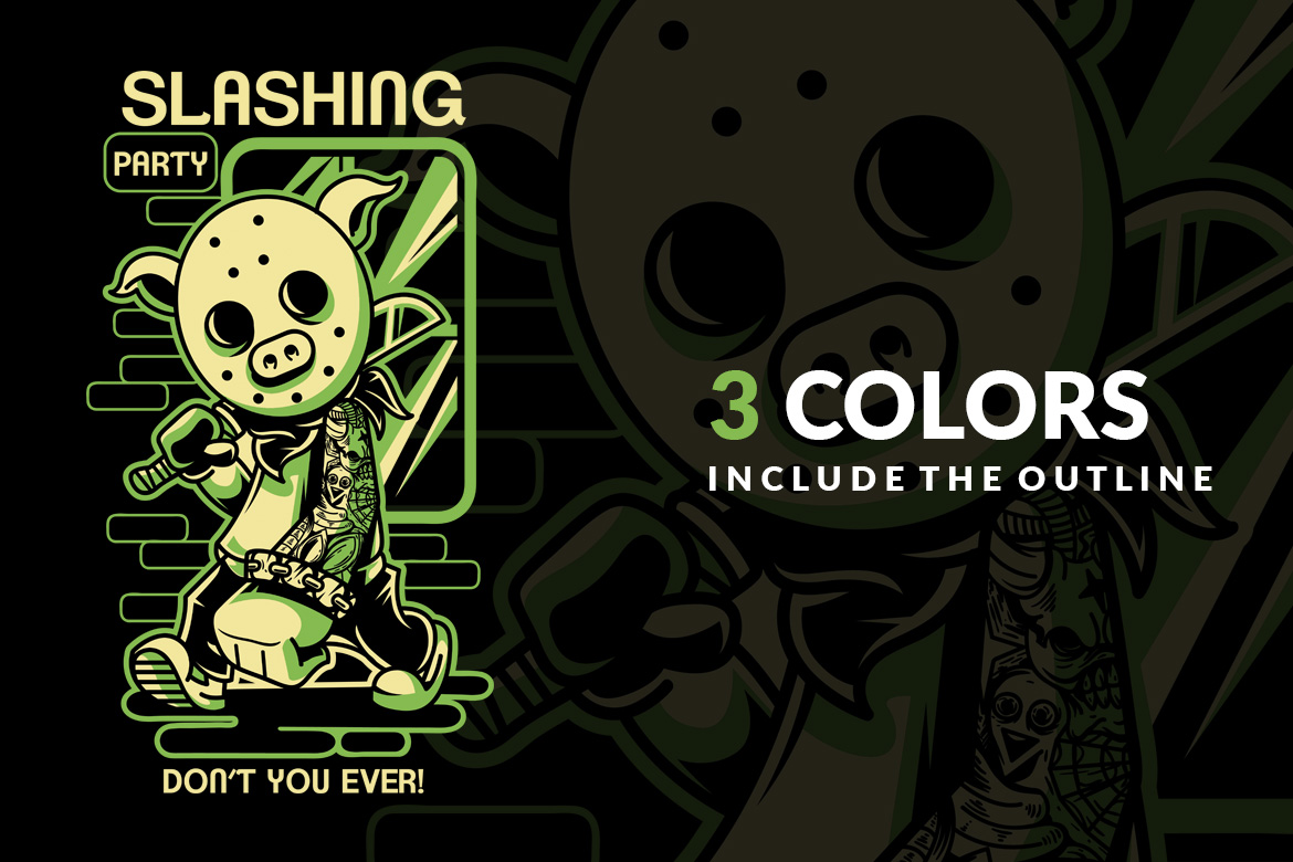 Download T-shirt Design "Slashing Party 2 - T-shirt Design" / Slashing Party 2 - T-shirt Design - T-shirt Design на тему графика illustration t-shirt design artwork apparel merch cartoon events fashion green pig tattoo dark horror festival halloween comic