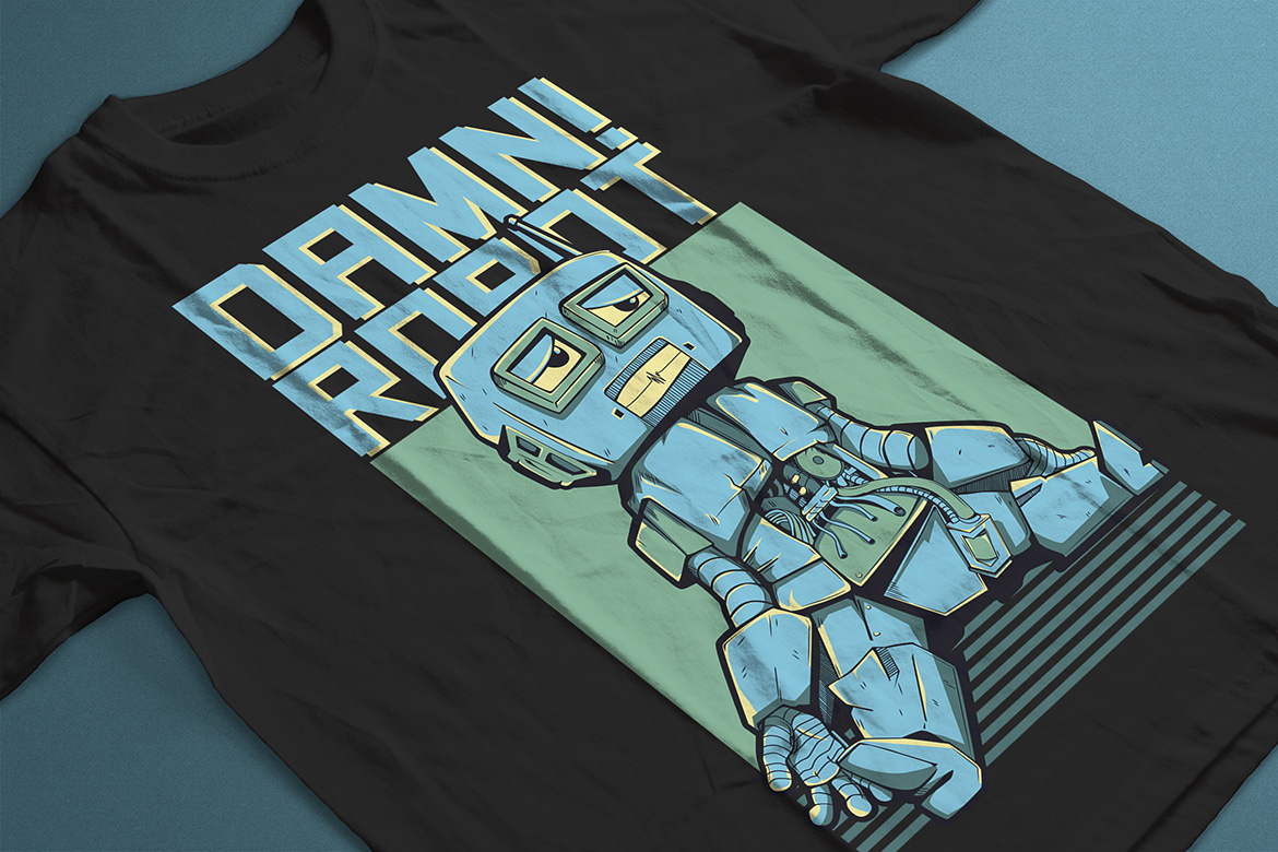 Download T-shirt Design "Damn! Robot - T-shirt Design" / Damn! Robot - T-shirt Design - T-shirt Design на тему графика illustration t-shirt design artwork apparel merch fashion style creative artistic custom dope streetwear cartoon character mascot techno robot junk blue