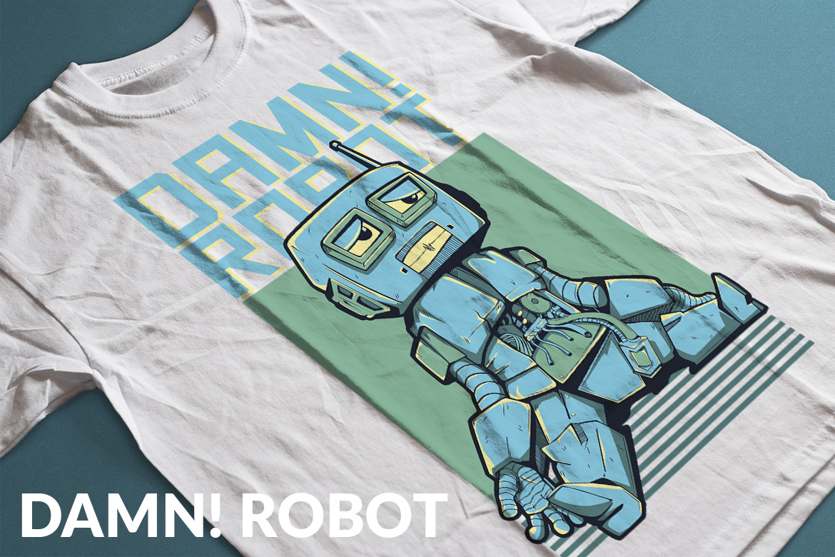 Download T-shirt Design "Damn! Robot - T-shirt Design" / Damn! Robot - T-shirt Design - T-shirt Design на тему графика illustration t-shirt design artwork apparel merch fashion style creative artistic custom dope streetwear cartoon character mascot techno robot junk blue