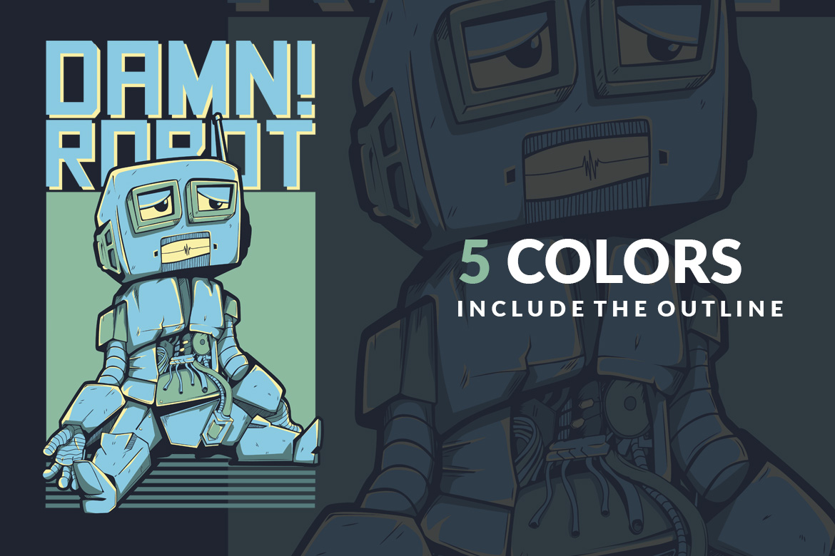 Download T-shirt Design "Damn! Robot - T-shirt Design" / Damn! Robot - T-shirt Design - T-shirt Design на тему графика illustration t-shirt design artwork apparel merch fashion style creative artistic custom dope streetwear cartoon character mascot techno robot junk blue