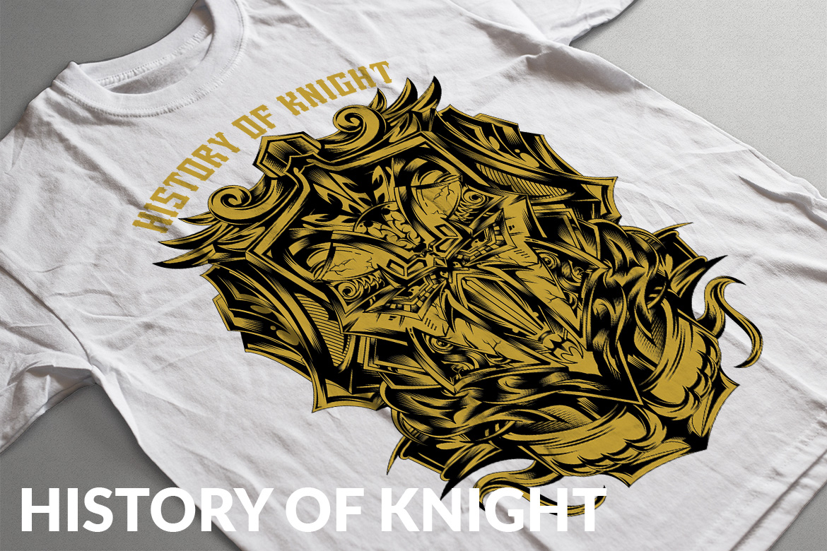Download T-shirt Design "History of Knight - T-shirt Design" / History of Knight - T-shirt Design - T-shirt Design на тему графика illustration t-shirt design artwork apparel merch fashion style creative artistic custom dope streetwear yellow medieval detailed vintage king knight majestic