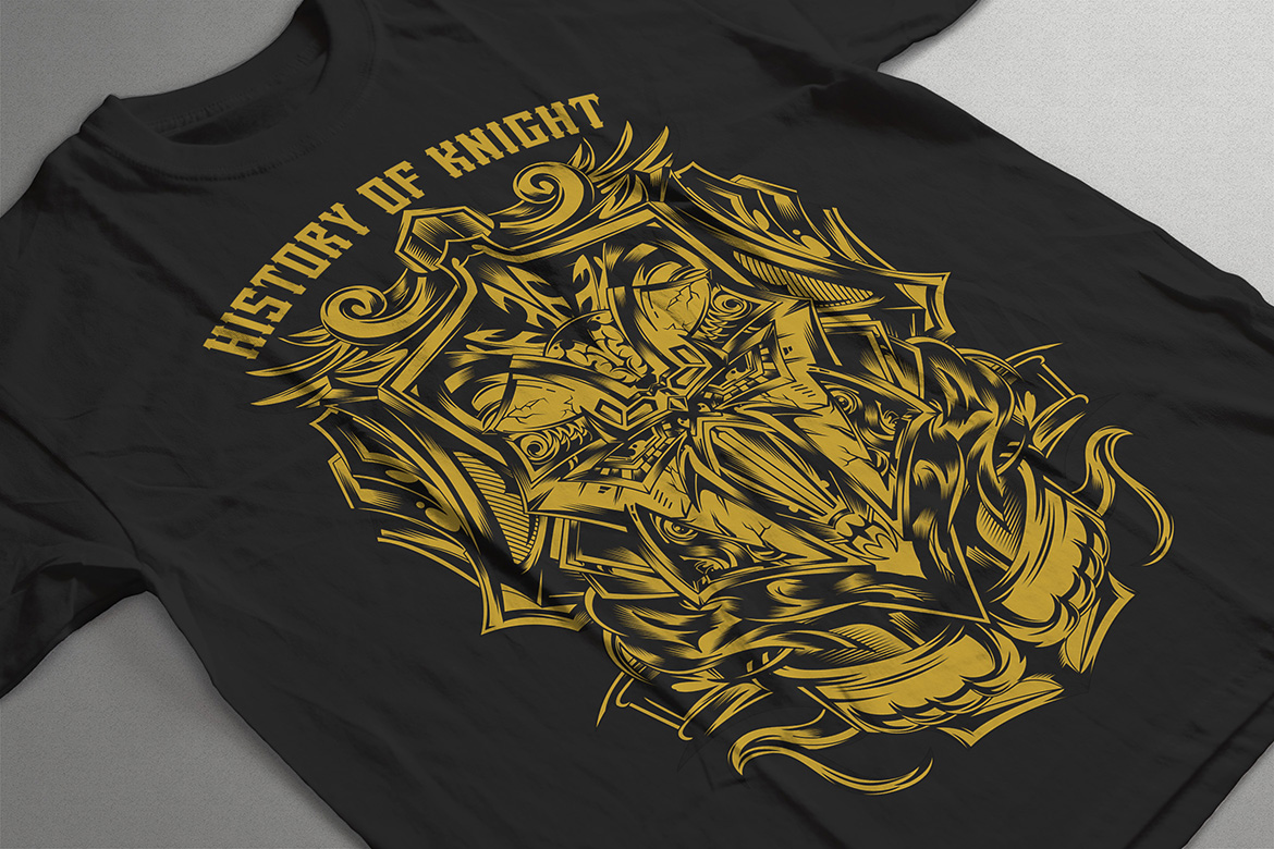 Download T-shirt Design "History of Knight - T-shirt Design" / History of Knight - T-shirt Design - T-shirt Design на тему графика illustration t-shirt design artwork apparel merch fashion style creative artistic custom dope streetwear yellow medieval detailed vintage king knight majestic