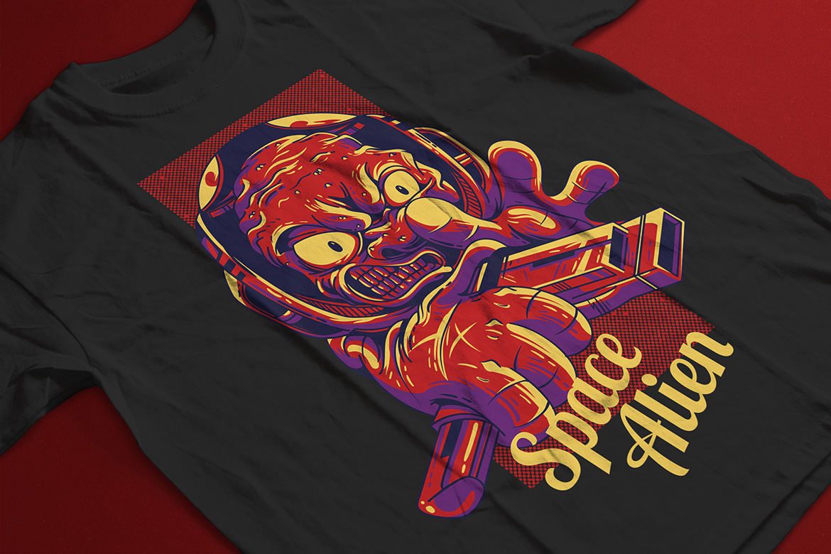 Download T-shirt Design "Space Alien - T-shirt Design" / Space Alien - T-shirt Design - T-shirt Design на тему графика illustration t-shirt design artwork apparel merch fashion style creative artistic custom dope streetwear space alien shooter mascot brand red dark