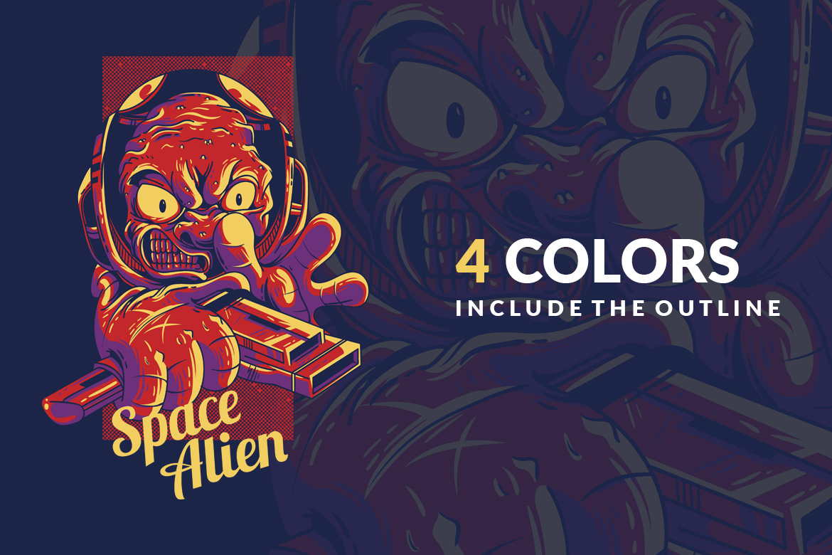 Download T-shirt Design "Space Alien - T-shirt Design" / Space Alien - T-shirt Design - T-shirt Design на тему графика illustration t-shirt design artwork apparel merch fashion style creative artistic custom dope streetwear space alien shooter mascot brand red dark
