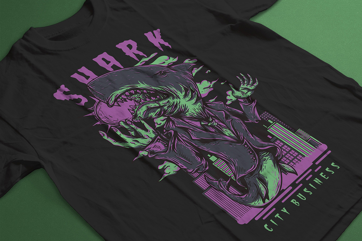 Download T-shirt Design "Shark City - T-shirt Design" / Shark City - T-shirt Design - T-shirt Design на тему графика illustration t-shirt design artwork apparel merch fashion style creative artistic custom dope streetwear shark attack city business cartoon comic mascot
