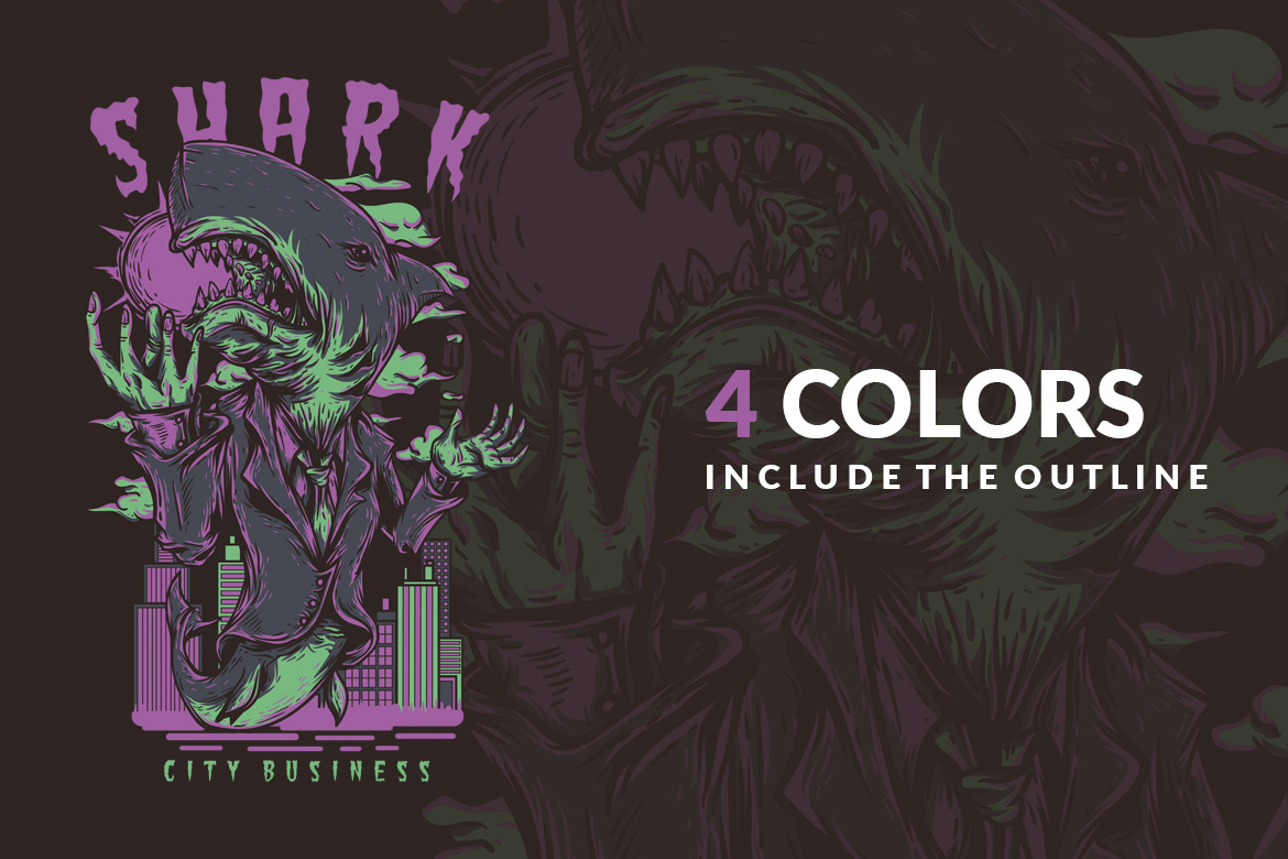 Download T-shirt Design "Shark City - T-shirt Design" / Shark City - T-shirt Design - T-shirt Design на тему графика illustration t-shirt design artwork apparel merch fashion style creative artistic custom dope streetwear shark attack city business cartoon comic mascot