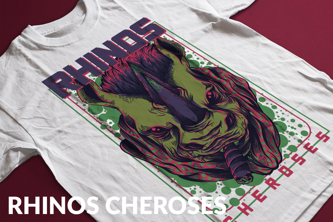 Download T-shirt Design "Rhinos Cheroses - T-shirt Design" / Rhinos Cheroses - T-shirt Design - T-shirt Design на тему графика illustration t-shirt design artwork apparel merch cartoon events fashion graphics poster mascot festival animal rhino cigarettes funky color synthwave music
