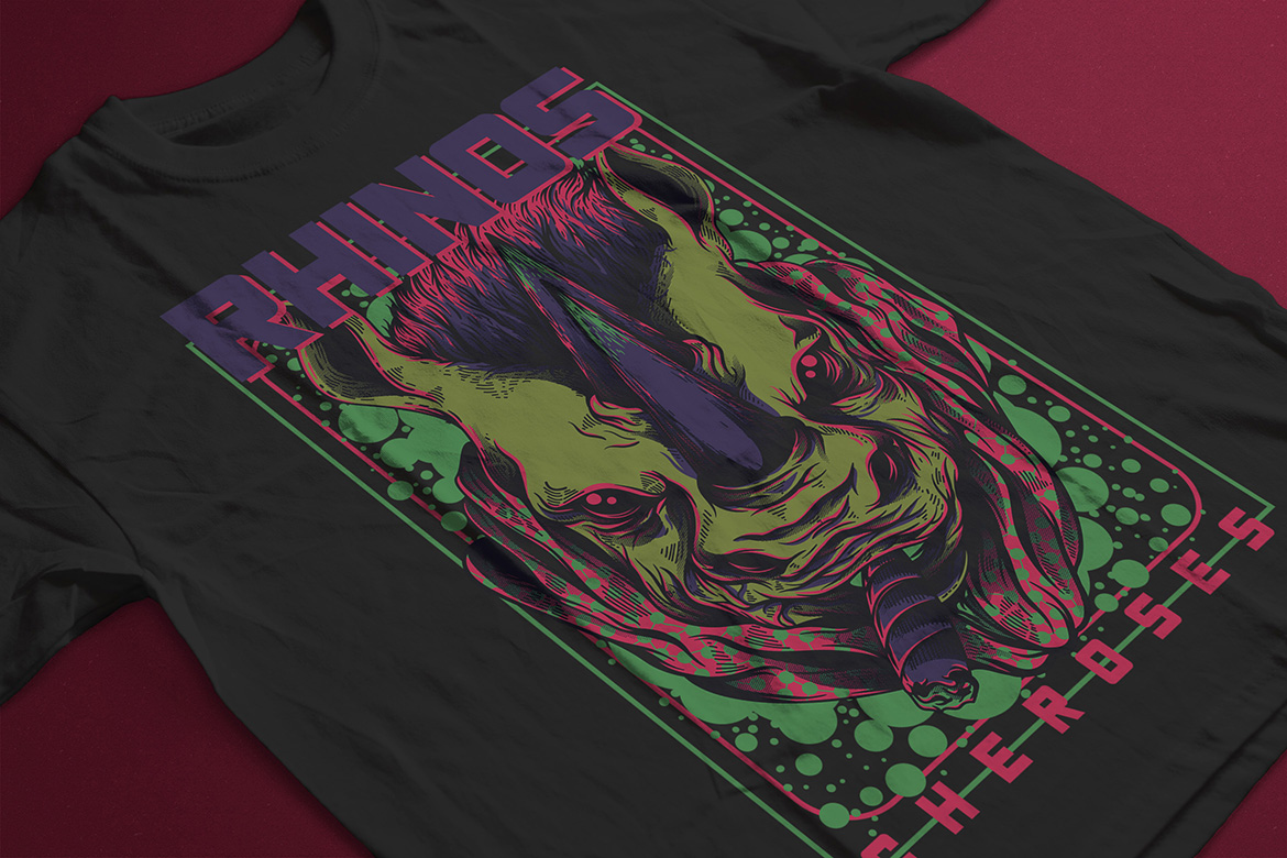 Download T-shirt Design "Rhinos Cheroses - T-shirt Design" / Rhinos Cheroses - T-shirt Design - T-shirt Design на тему графика illustration t-shirt design artwork apparel merch cartoon events fashion graphics poster mascot festival animal rhino cigarettes funky color synthwave music