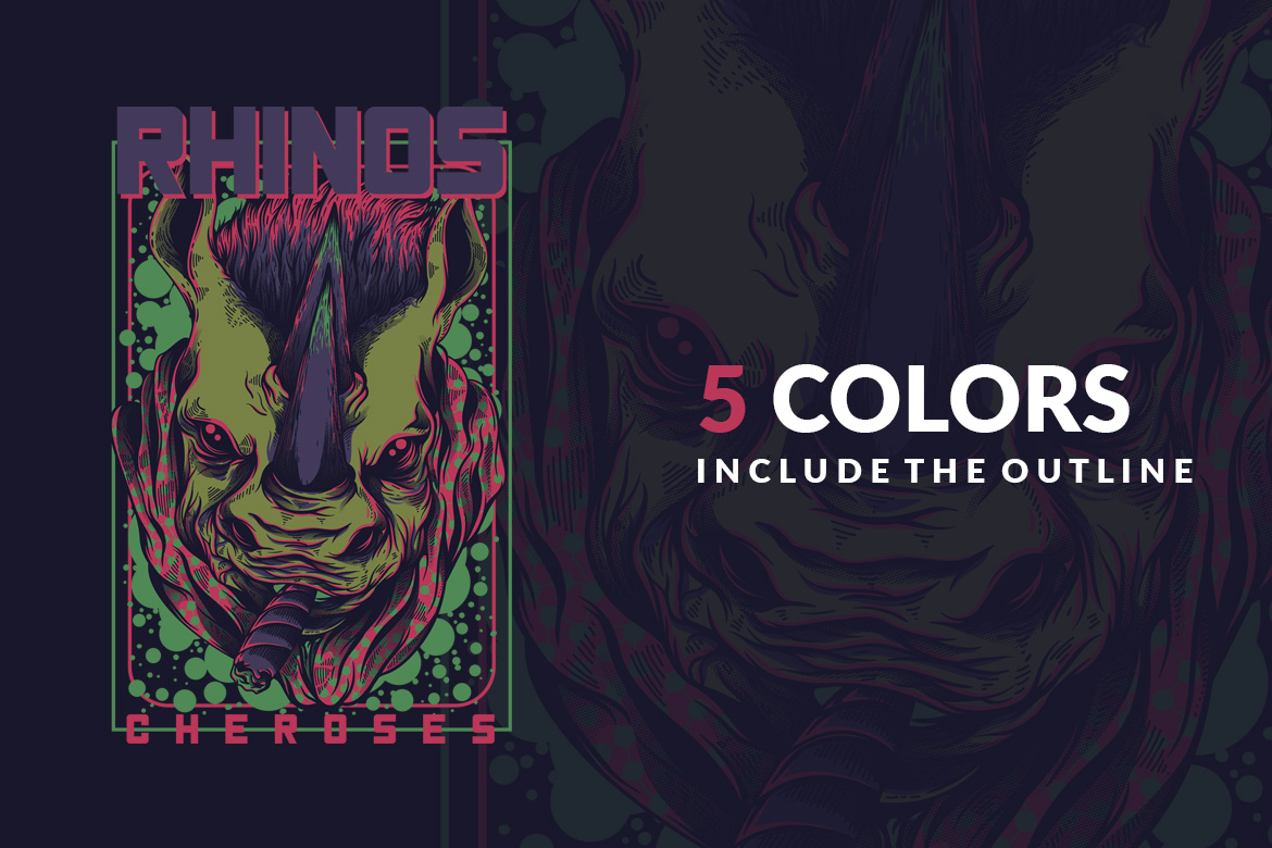Download T-shirt Design "Rhinos Cheroses - T-shirt Design" / Rhinos Cheroses - T-shirt Design - T-shirt Design на тему графика illustration t-shirt design artwork apparel merch cartoon events fashion graphics poster mascot festival animal rhino cigarettes funky color synthwave music