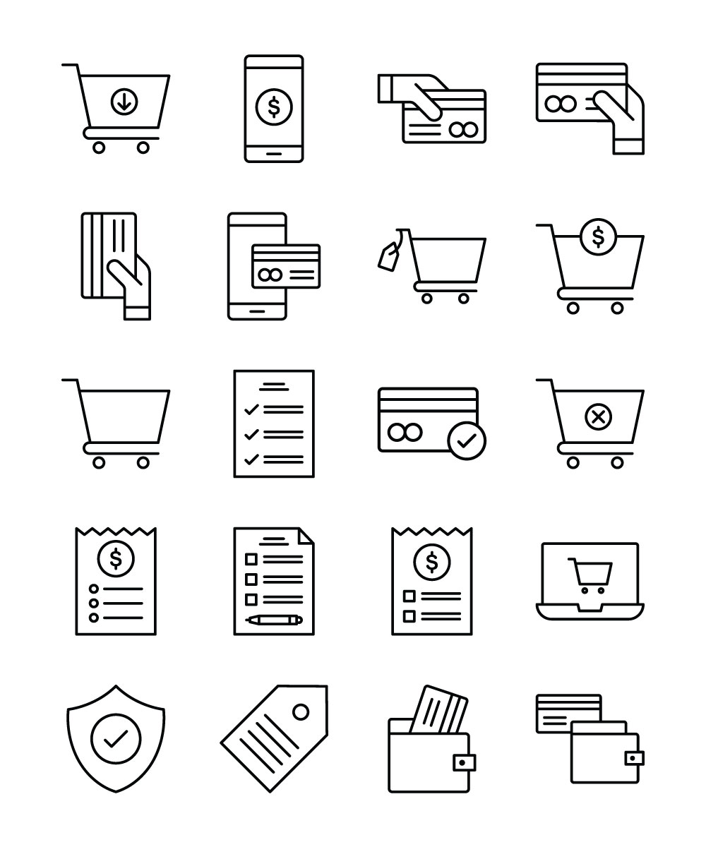 Download Набор иконок "E-Commerce Line Icon Set" / E-Commerce Line Icon Set - Набор иконок на тему графика call bill purchase payment credit card method shopping cart document checklist checkout invoice laptop tag wallet coupon secure sale